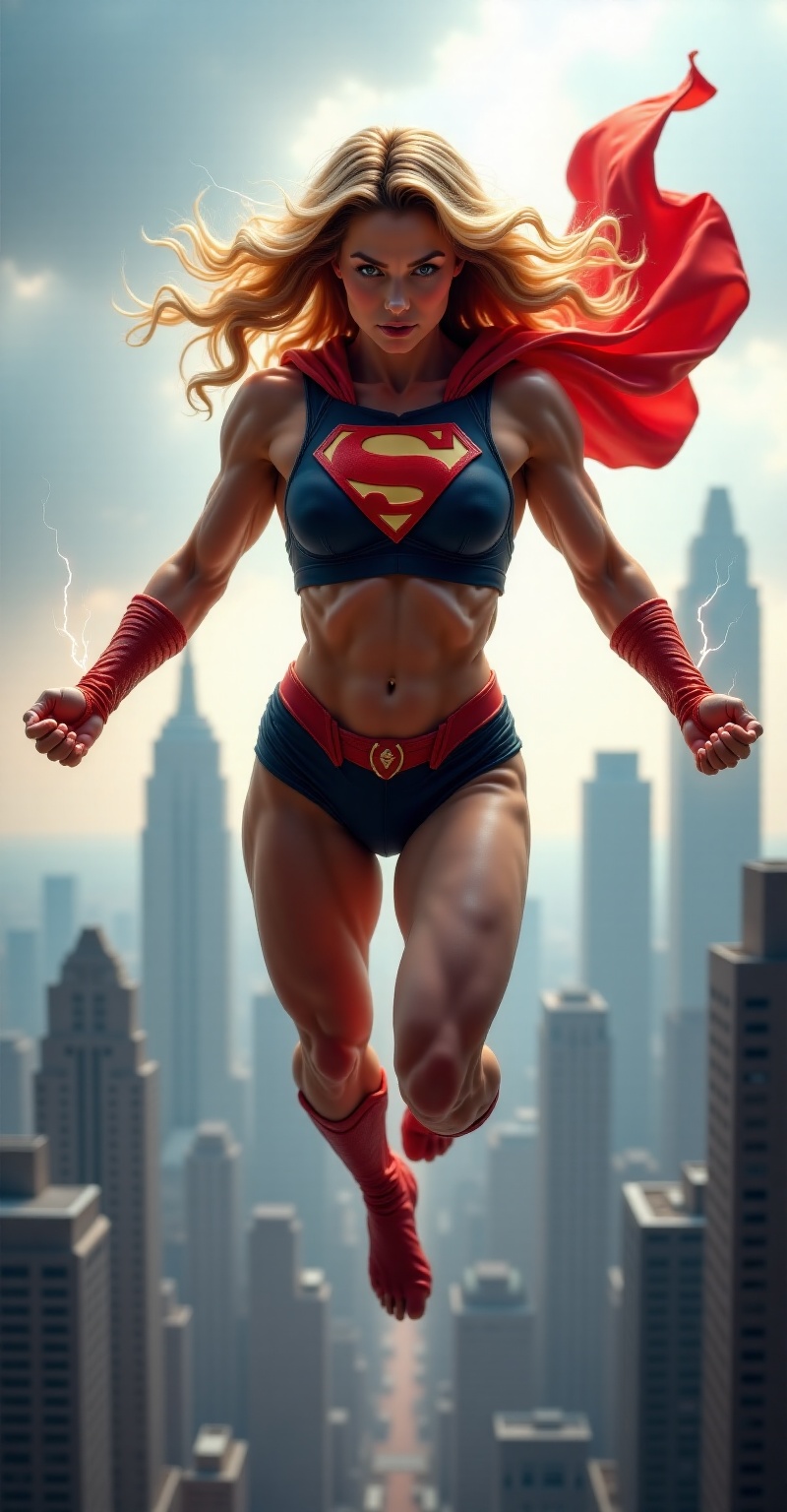 A muscular superhero,  resembling SuperGirl,  is mid-flight over a city skyline. She wears a tight on Tensor.Art