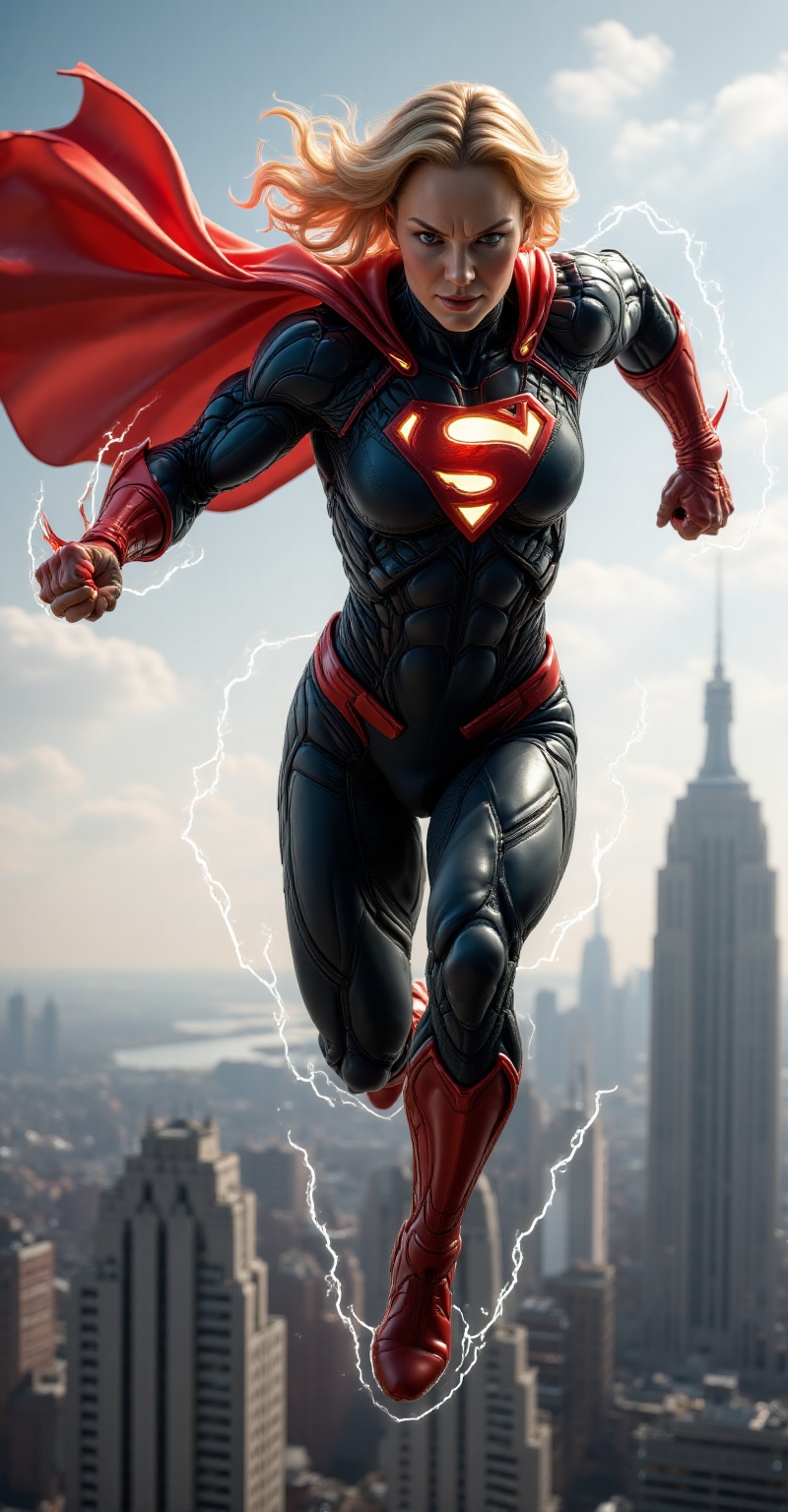A muscular superhero,  resembling SuperGirl,  is mid-flight over a city skyline. She wears a tight on Tensor.Art