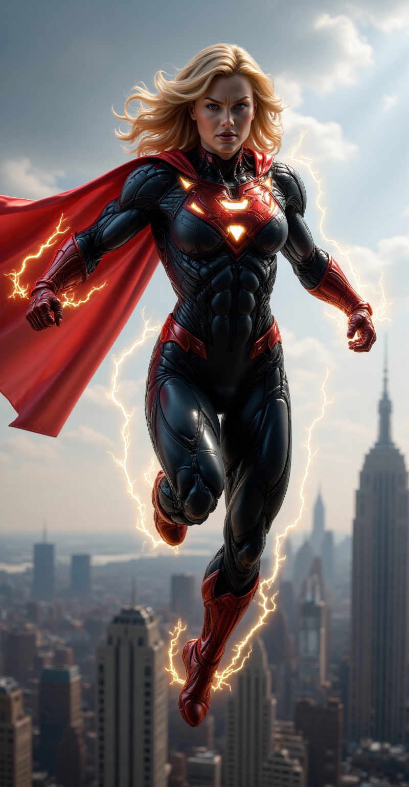A muscular superhero,  resembling SuperGirl,  is mid-flight over a city skyline. She wears a tight on Tensor.Art