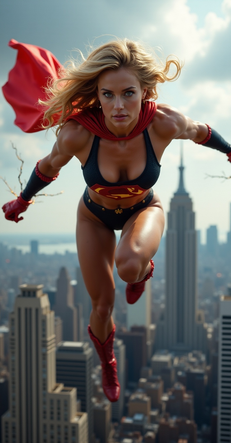 Muscular superheroine resembling SuperGirl mid-flight over city skyline,  tight black bra with red 'S' emblem,  red cape f...
