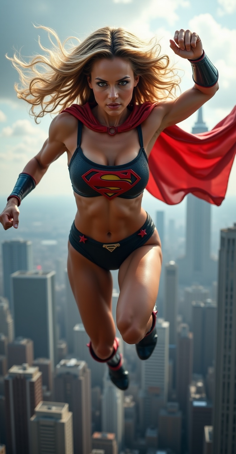 Muscular superheroine resembling SuperGirl mid-flight over city skyline,  tight black bra with red 'S' emblem,  red cape f...