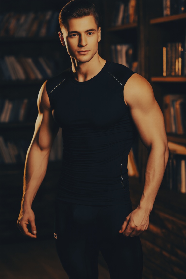 The strong european man has delicate muscle lines like carvings,  and he wears a black tight sportswear that highlights hi...