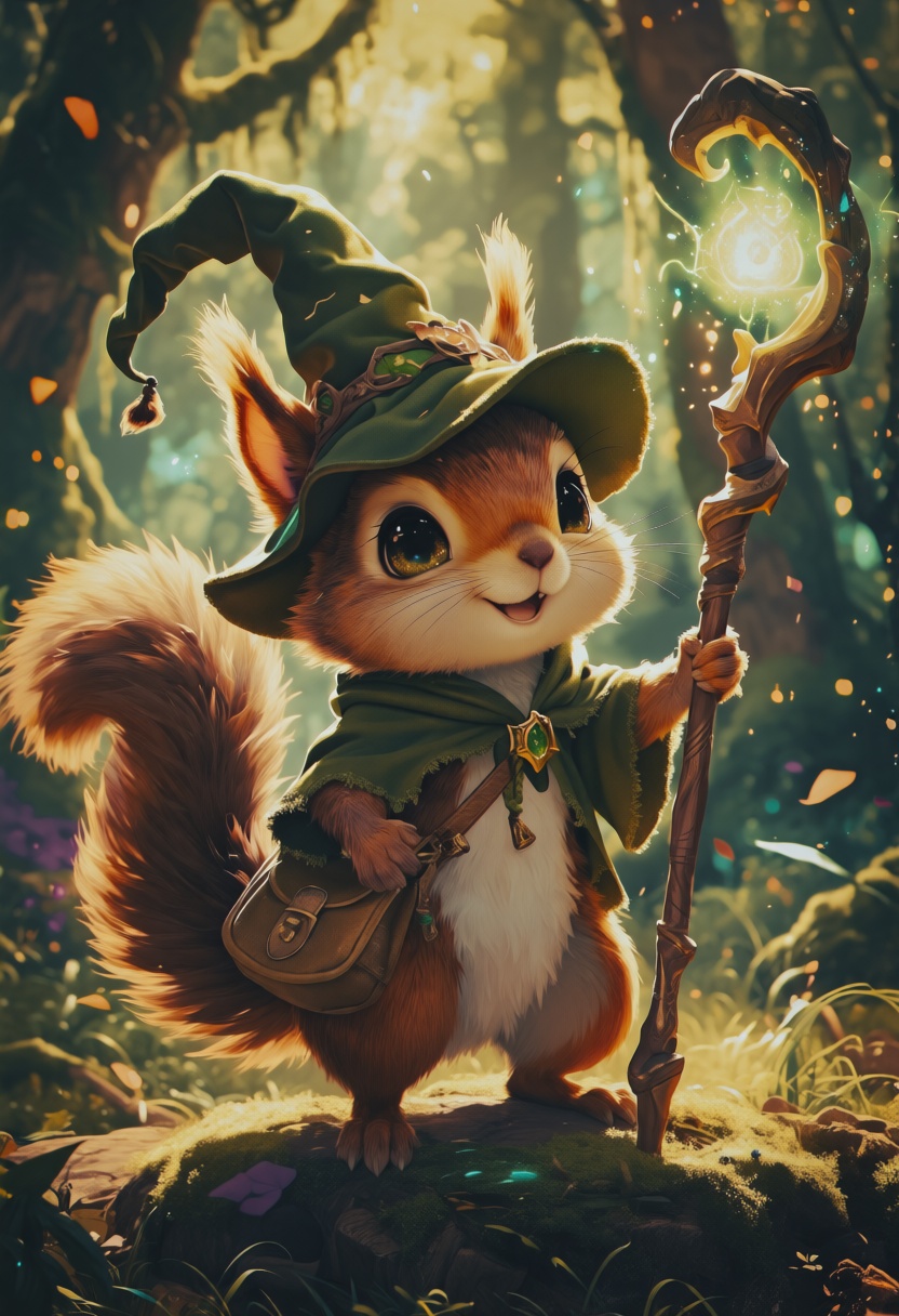 Super cute and chibi Close-up of a joyful little magical cute forest squirrel/rabbit creature. midsummer lighting The crea...