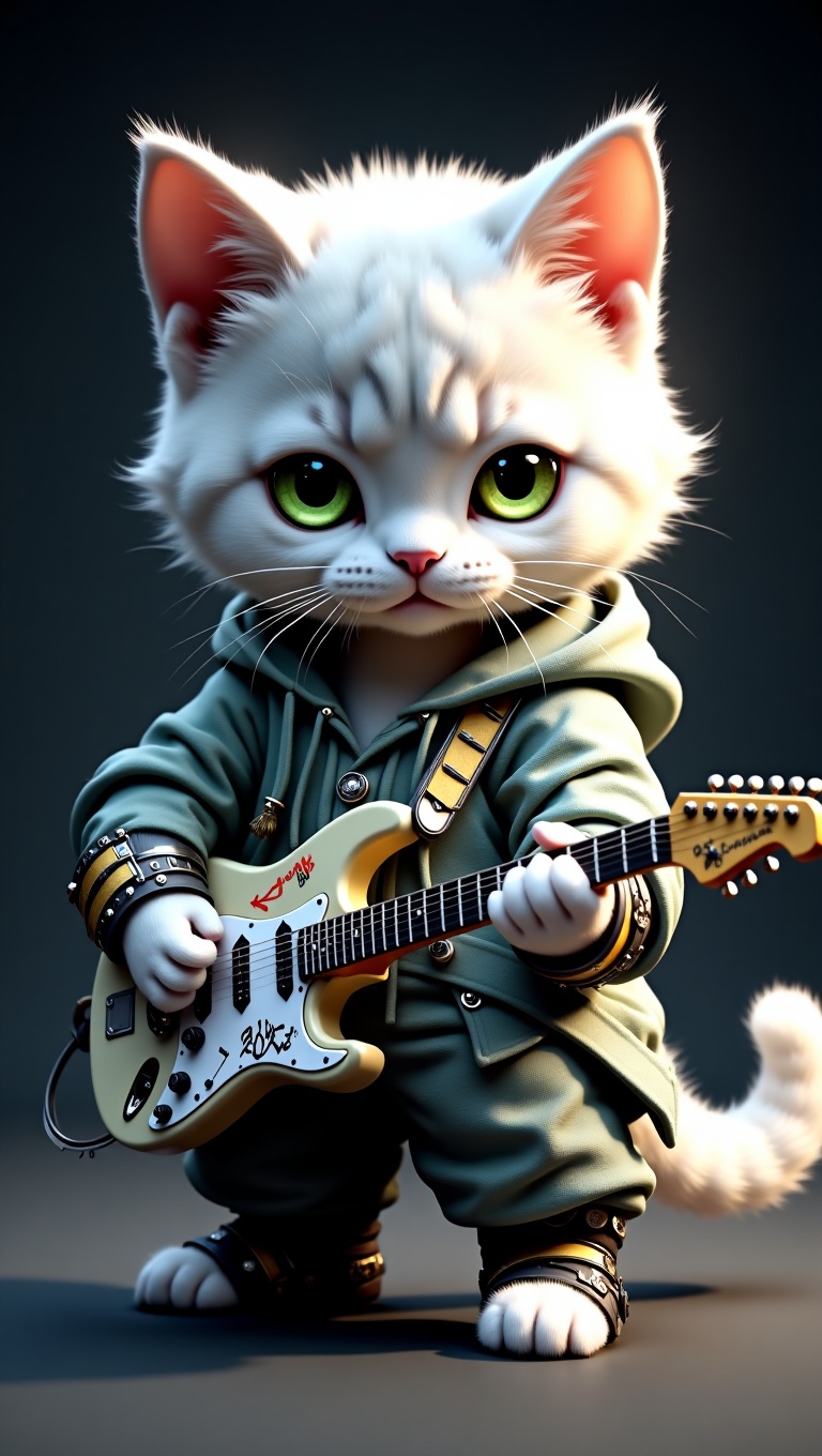 A hyper-realistic,  cinematic 3D-rendered anthropomorphic white tabby kitten with striking green or golden eyes,  wearing...