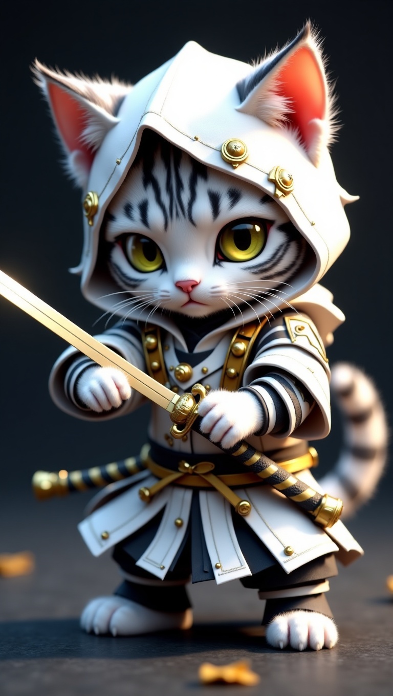 Hyper-realistic 3D render of a white tiger-striped kitten with golden eyes,  wearing a white and black samurai armor with...