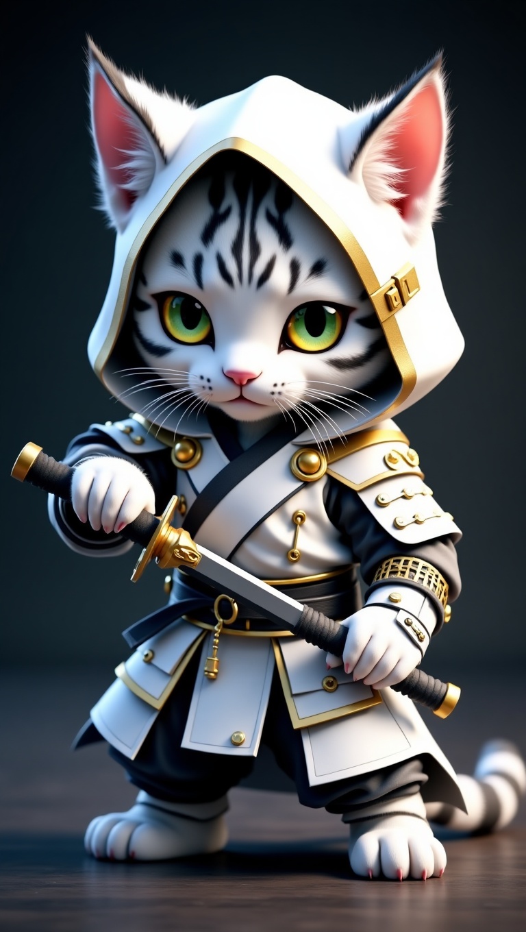 Hyper-realistic 3D render of a white tiger-striped kitten with golden eyes,  wearing a white and black samurai armor with...