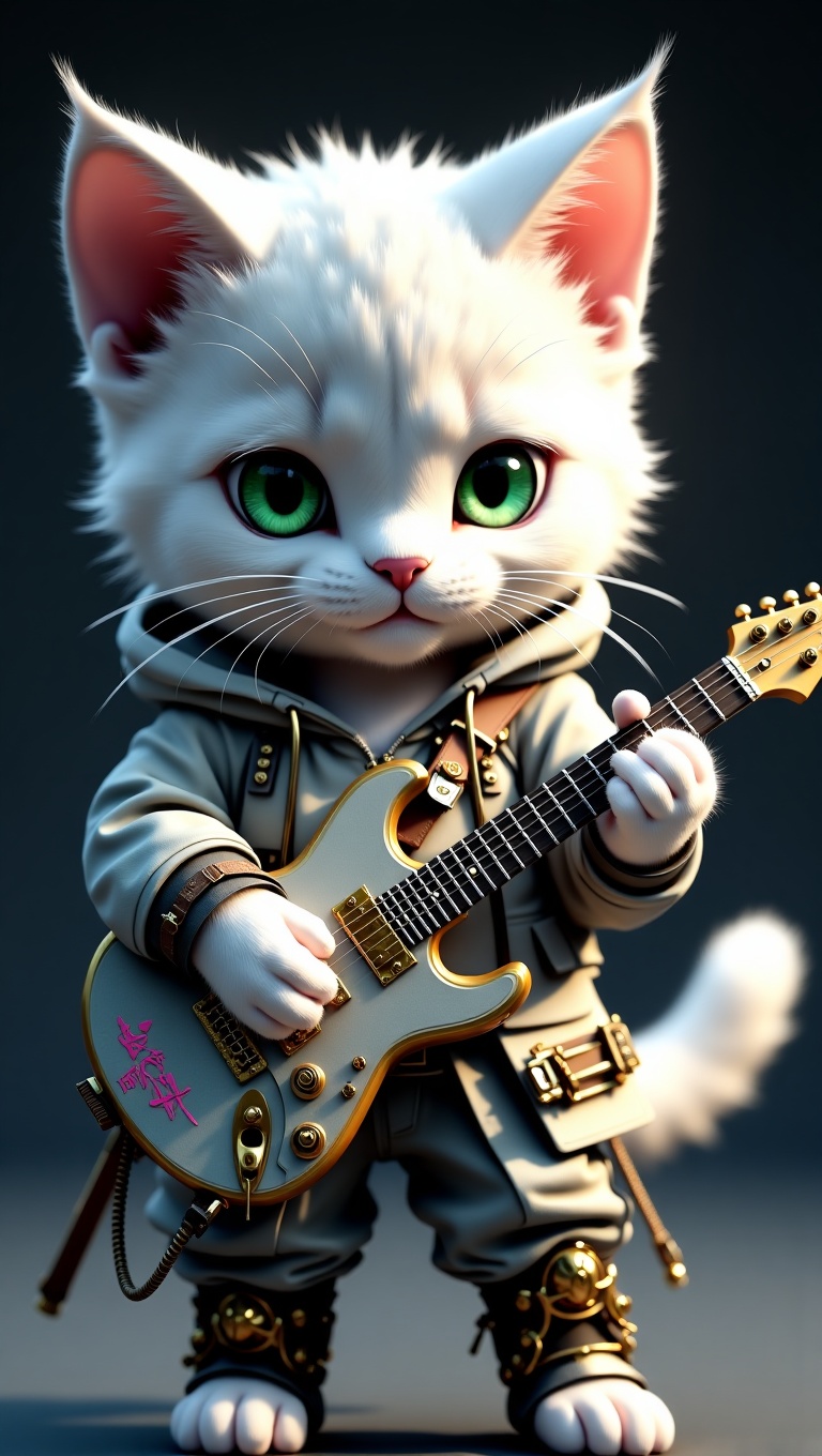 A hyper-realistic,  cinematic 3D-rendered anthropomorphic white tabby kitten with striking green or golden eyes,  wearing...