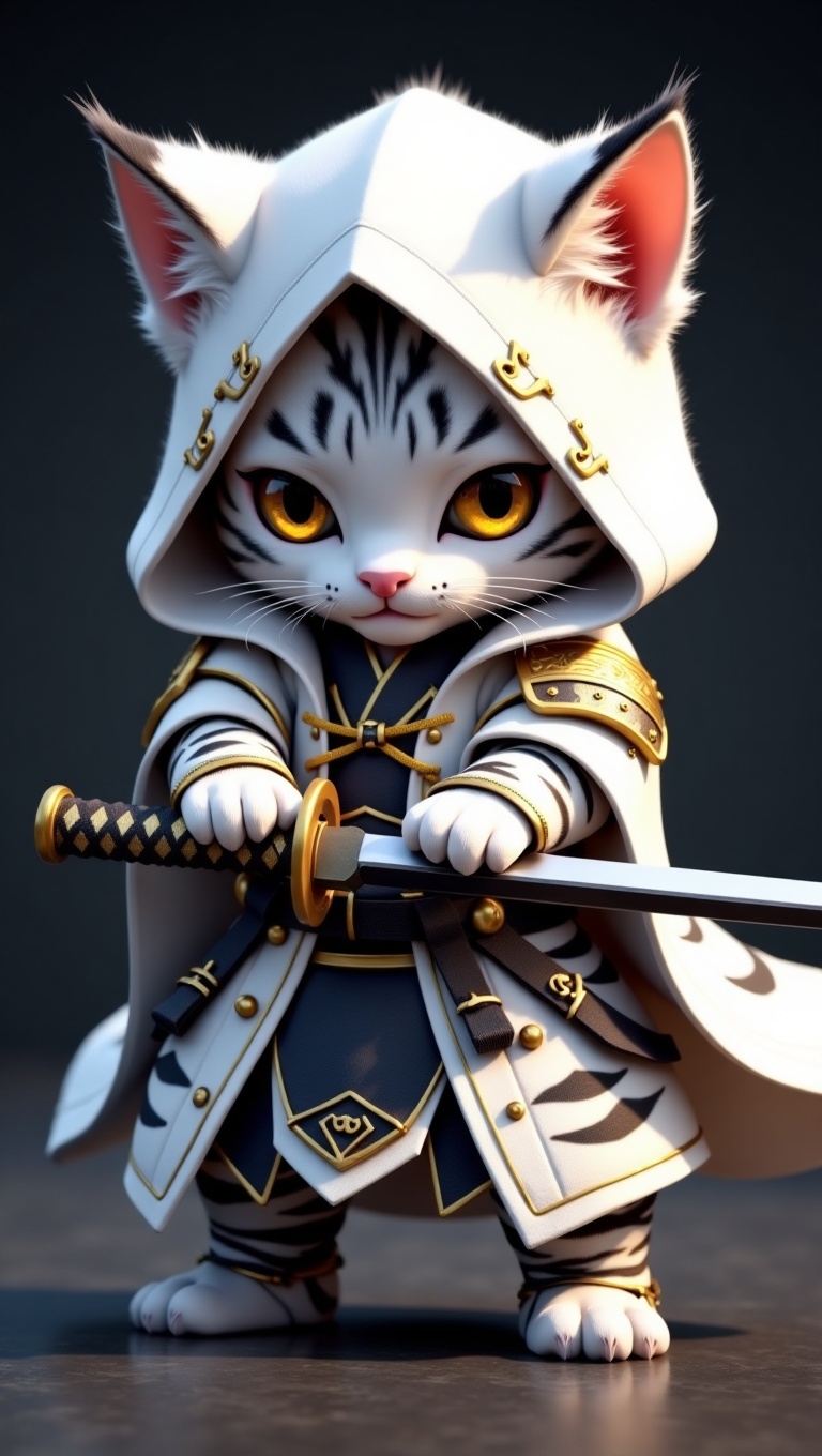 Hyper-realistic 3D render of a white tiger-striped kitten with golden eyes,  wearing a white and black samurai armor with...