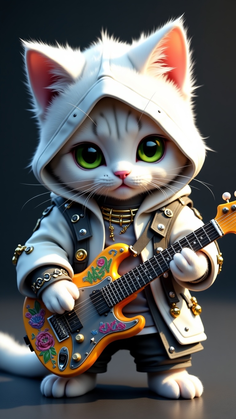 A hyper-realistic,  cinematic 3D-rendered anthropomorphic white tabby kitten with striking green or golden eyes,  wearing...