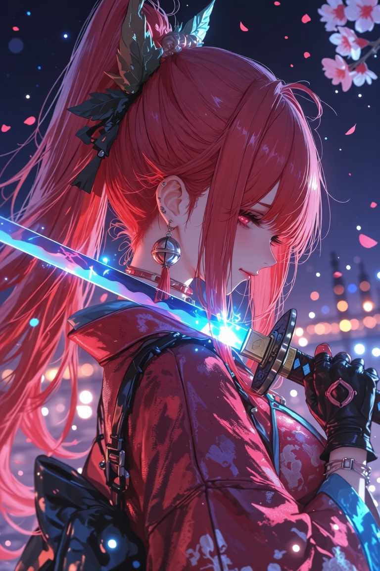 748cmstyle,  A beautiful anime girl with long,  flowing red hair tied in a high ponytail adorned with a vibrant pink flowe...