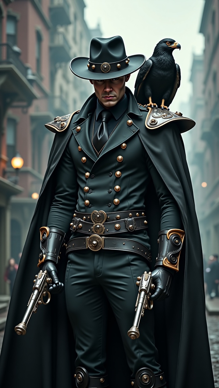 Steampunk Van Helsing,  sharp waistcoat with brass buttons,  armored gauntlets with copper piping on Tensor.Art