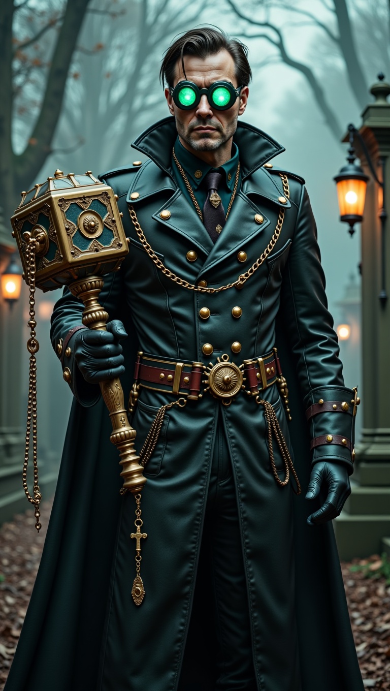 Steampunk Van Helsing,  black leather duster with brass filigree,  glowing emerald goggles on Tensor.Art