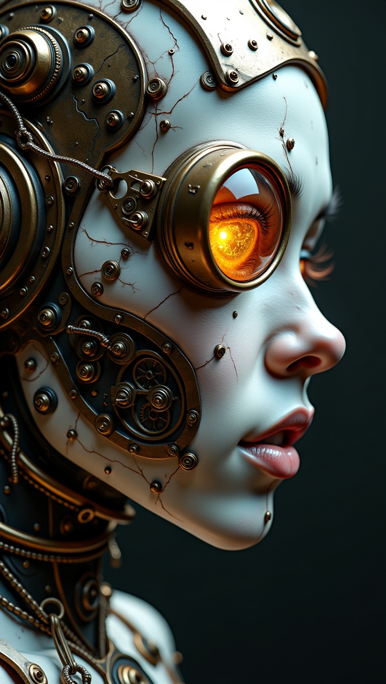 Close-up portrait of a steampunk cyborg,  brass and copper plating fused with pale skin,  one glowing mechanical eye with...
