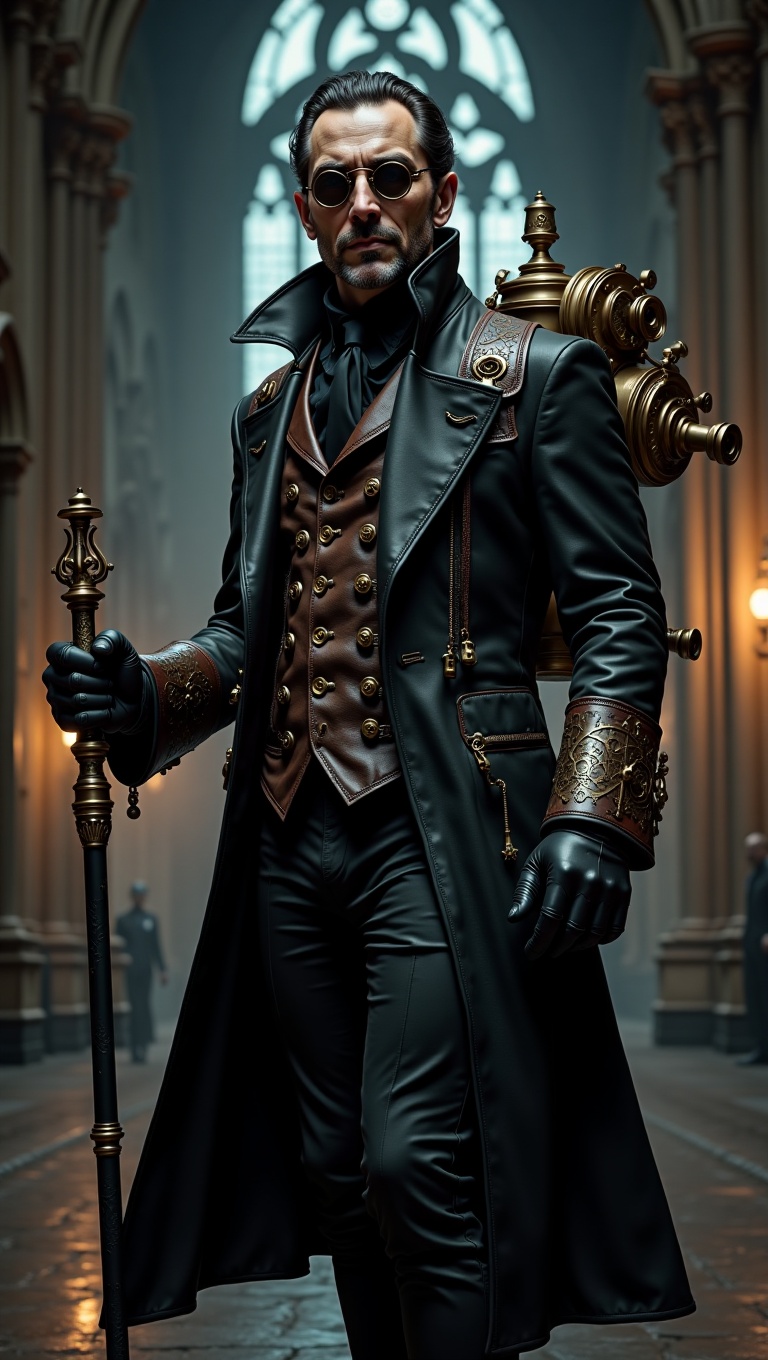 Steampunk Van Helsing,  wearing a long leather trench coat with brass plating and copper thread,  mechanical monocle with...