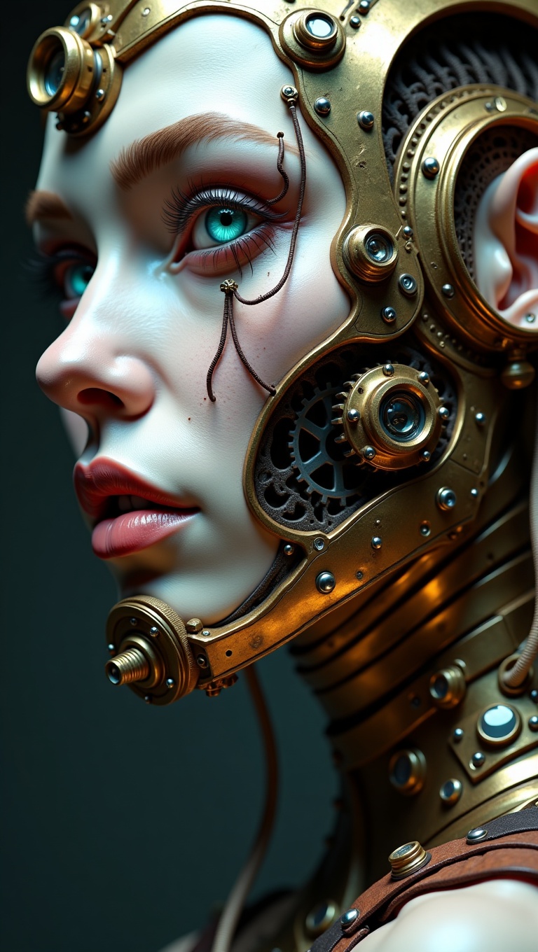 Close-up portrait of a steampunk cyborg,  brass and copper plating fused with pale skin,  one glowing mechanical eye with...