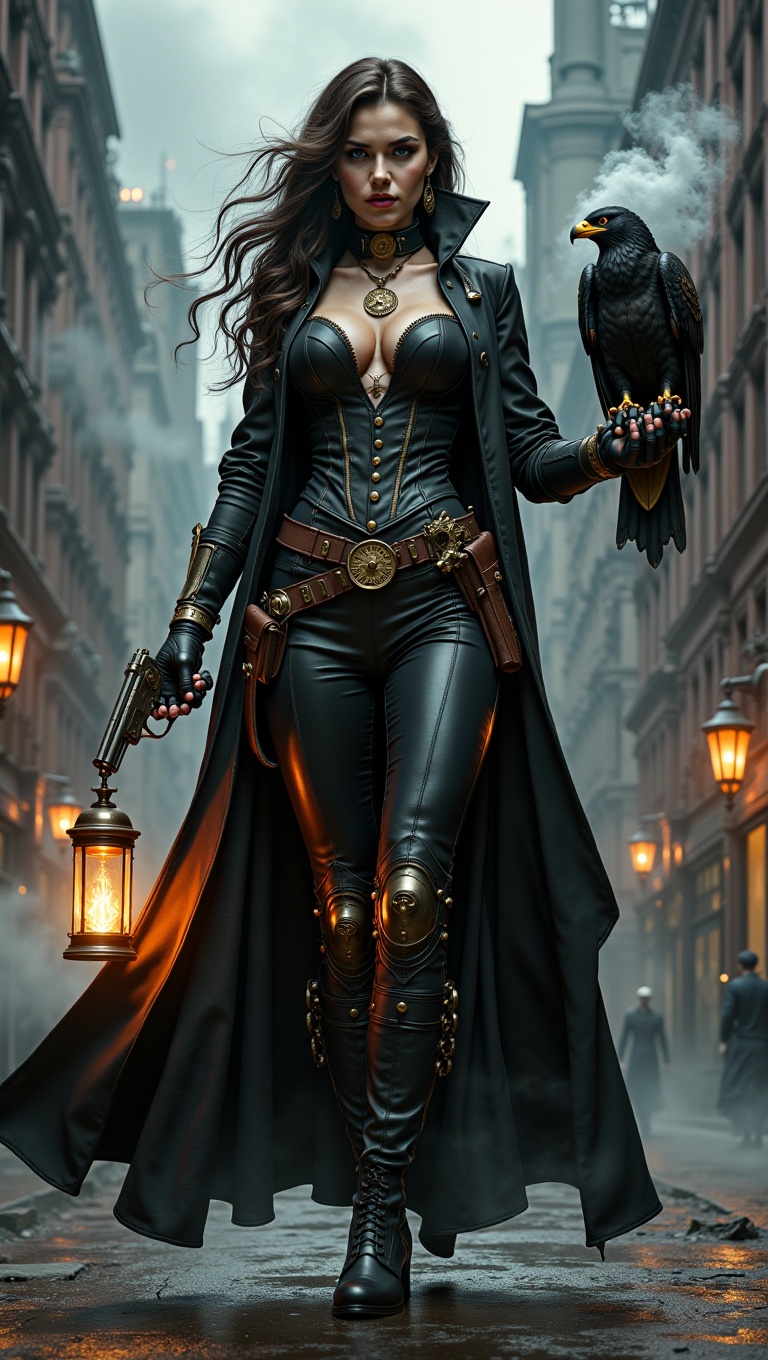 Steampunk Van Helsing woman,  fitted waistcoat with brass buttons and armored gauntlets,  high boots with copper piping on...
