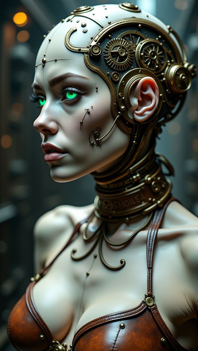 Close-up of a female steampunk cyborg,  porcelain skin contrasted with brass implants,  emerald glowing cybernetic eye on...