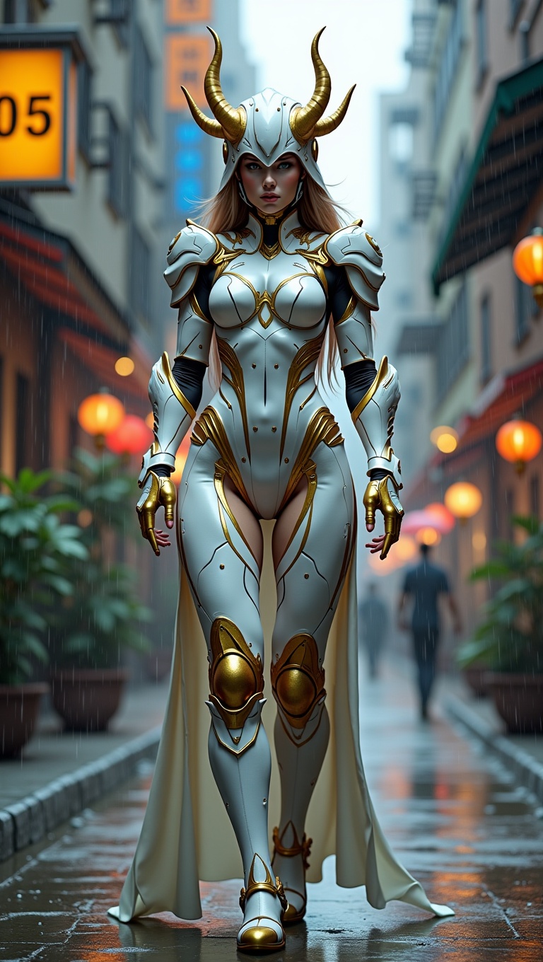A powerful female warrior in futuristic white and gold armored suit,  detailed mechanical design,  horned helmet on Tensor...