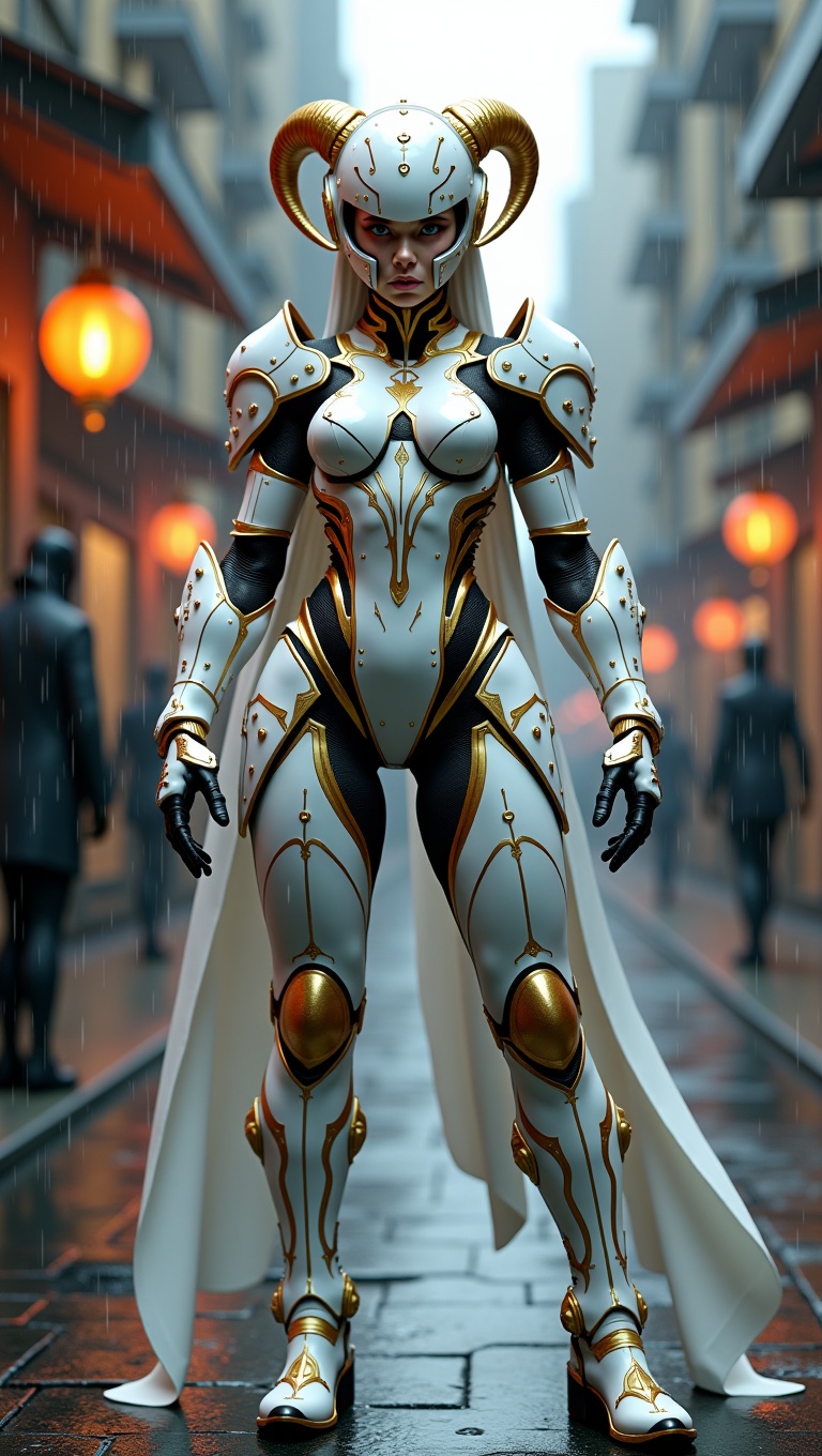 A powerful female warrior in futuristic white and gold armored suit,  detailed mechanical design,  horned helmet on Tensor...