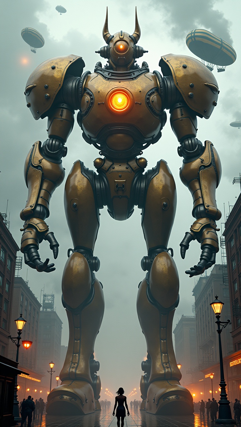 A colossal steampunk mech towering over a bustling industrial city. Its body is crafted from brass,  copper,  and iron on...