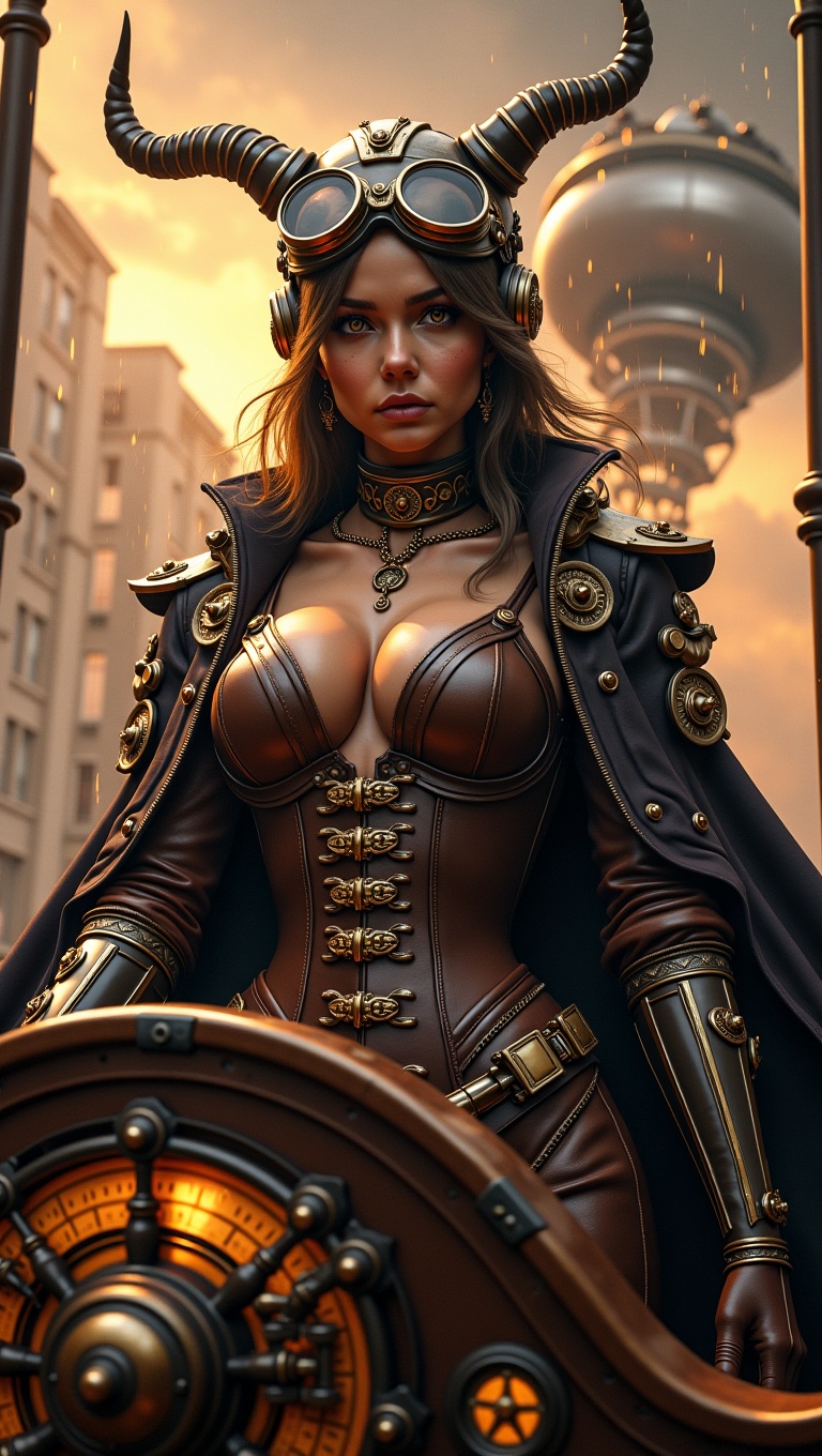 A powerful female captain at the helm of a grand steampunk airship. She wears a leather corset with bronze buckles,  long...