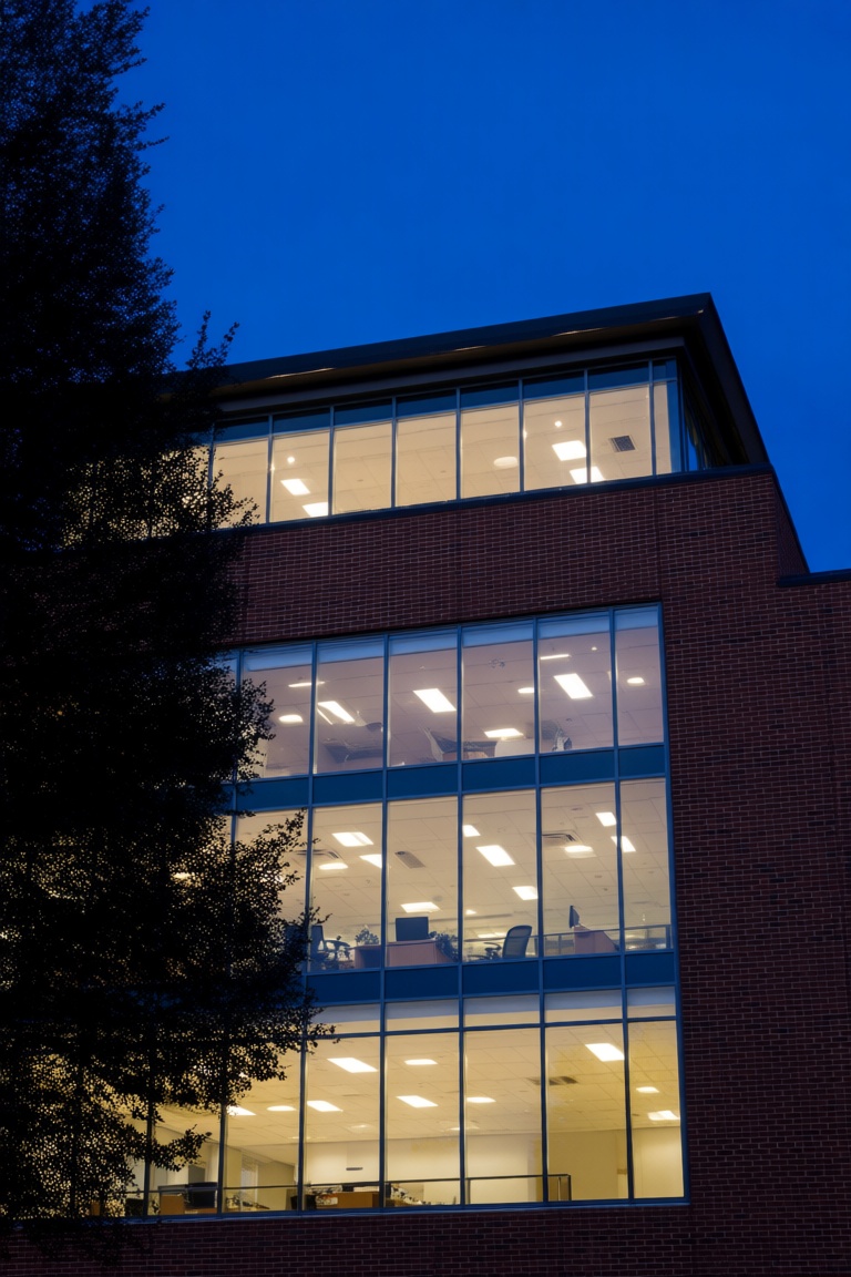 A modern building with expansive glass windows showcases a well-lit interior with visible office fixtures and ceiling ligh...