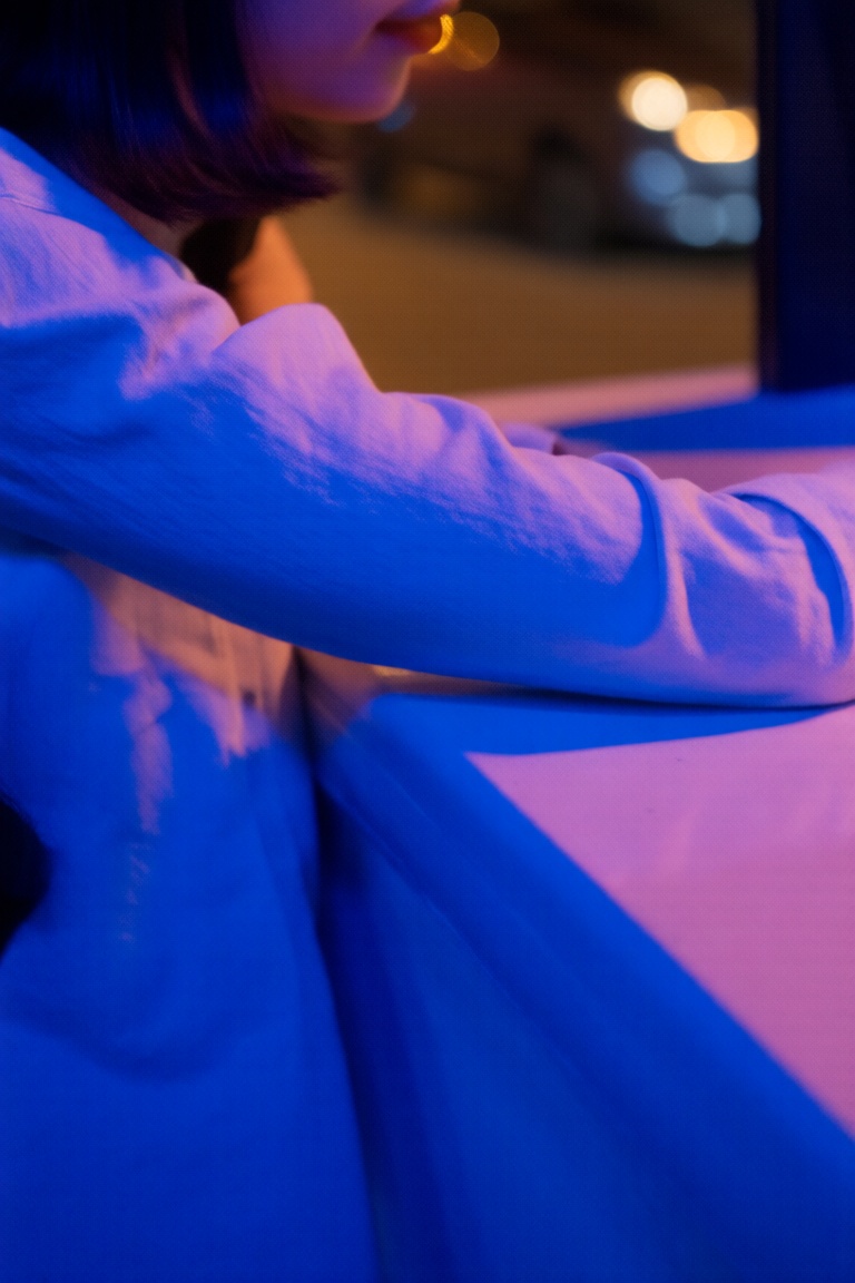 ight and shadow,  The image depicts a person sitting at what appears to be a table or counter with their arms resting on t...