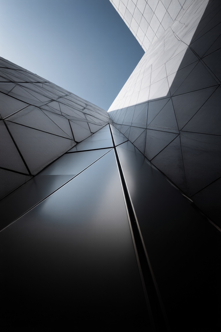 shadow A modern geometric structure with angular metallic surfaces creates depth and perspective. Its facade,  made of smo...