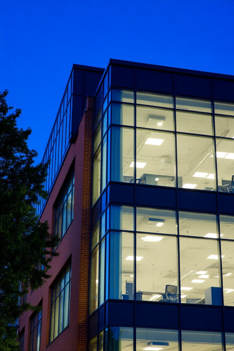 A modern building with large glass windows reveals a brightly lit interior workspace,  featuring exposed ceiling lights an...