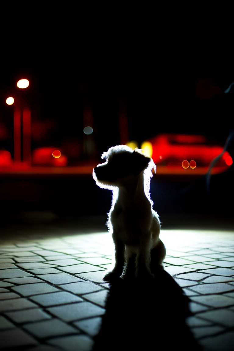 Light and shadow,  The image depicts a small dog sitting on a tiled surface at night. The dog is silhouetted against a bac...