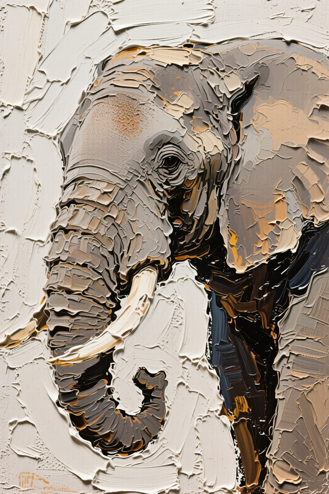 texture Scraper Oil Pain textured oil painting elephant head thick impasto three-dimensional effect brown gray beige wrink...