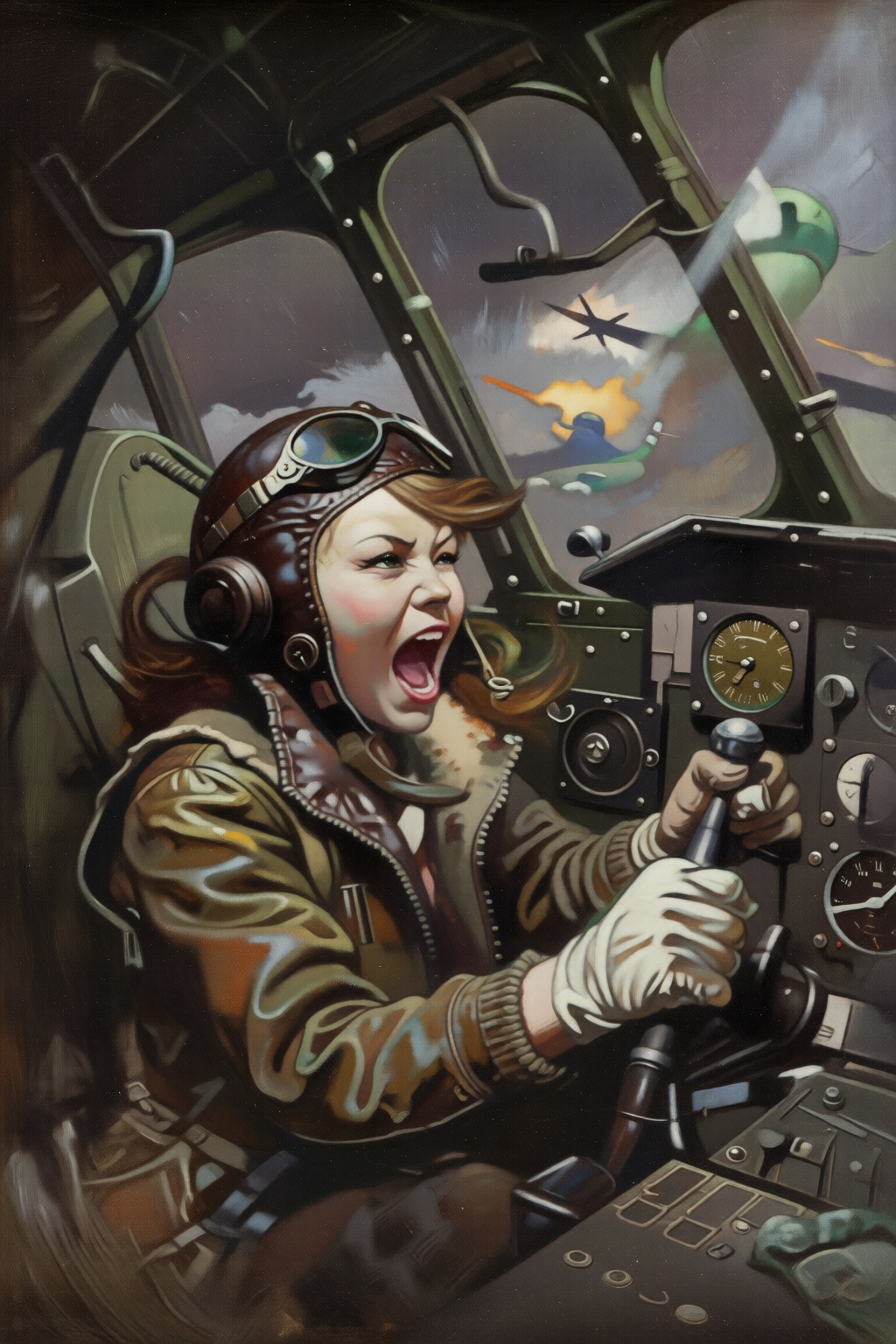 frankfrazetta2 illustration. A female pilot screaming inside the cockpit of a World War II bomber. The pilot,  wearing a v...
