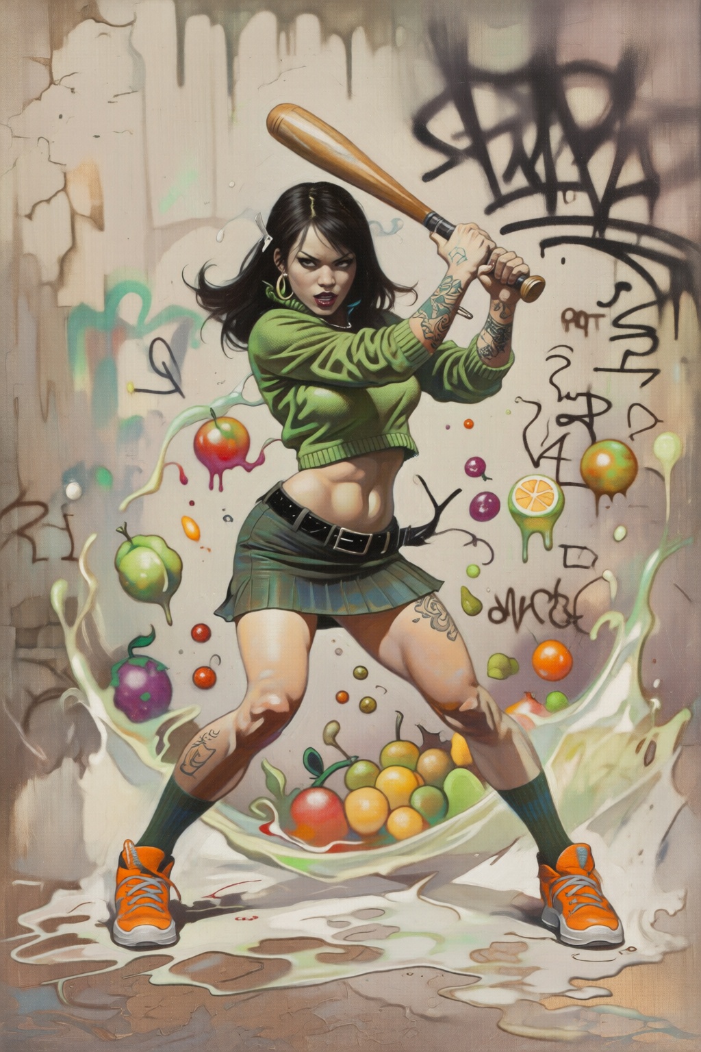 frankfrazetta2 illustration. full-body medium shot. liquid splash,  cartoonish juicy fruits chaos,  dynamic pose on Tensor...