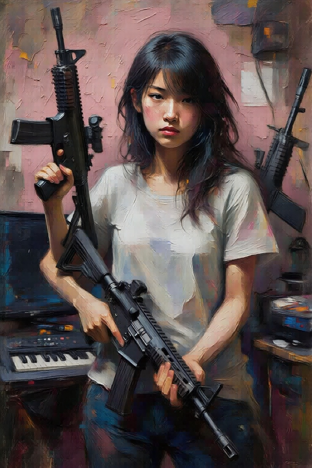 impasto oil painting. 3/4 view of a young Japanese woman with dark,  long hair,  holding two black assault rifles. The per...