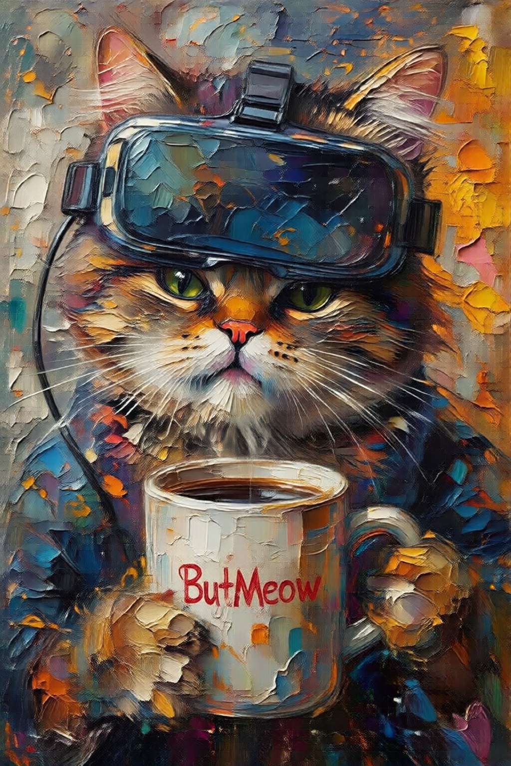 impasto oil painting. Grumpy Cat drinking coffee,  wearing a VR Headset. The mug has the phrase "NobodyButMeow" printed on...