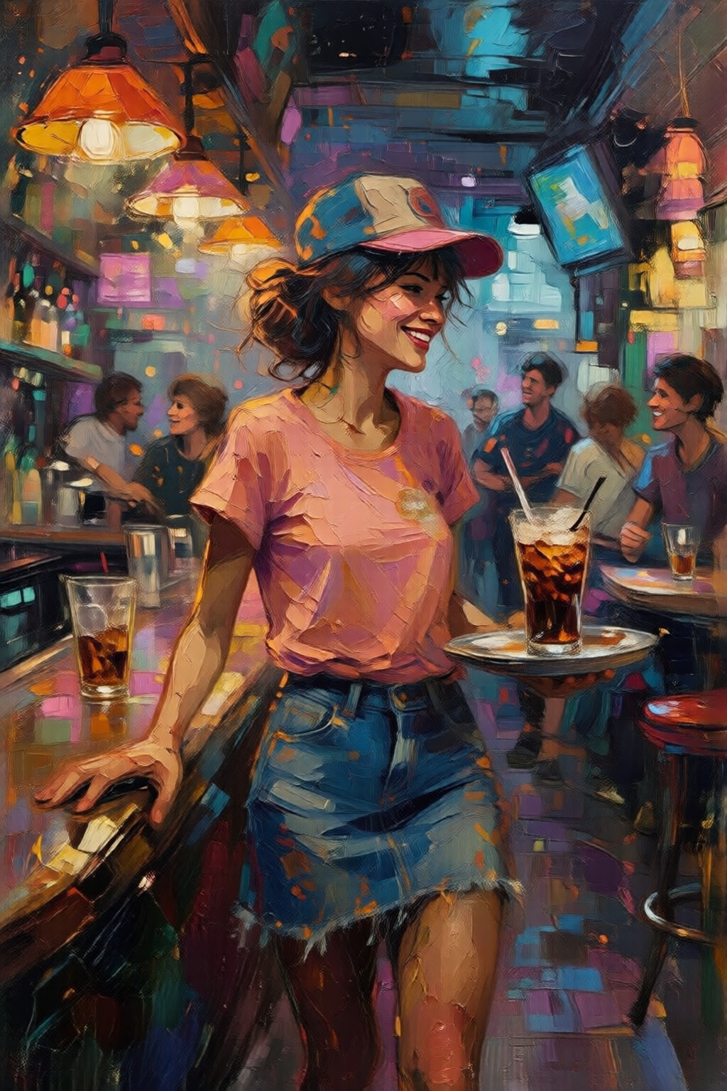 impasto oil painting. The air buzzes with the energy of a busy bar,  a mix of music,  conversation on Tensor.Art