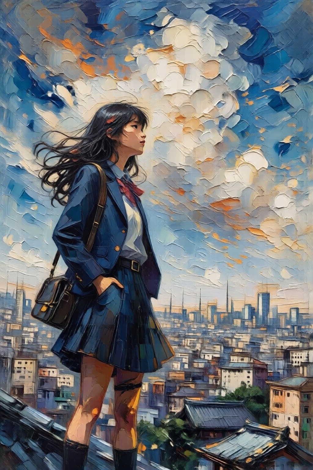 impasto oil painting. A low-angle view of a Japanese high school girl with long,  flowing black hair,  standing confidentl...