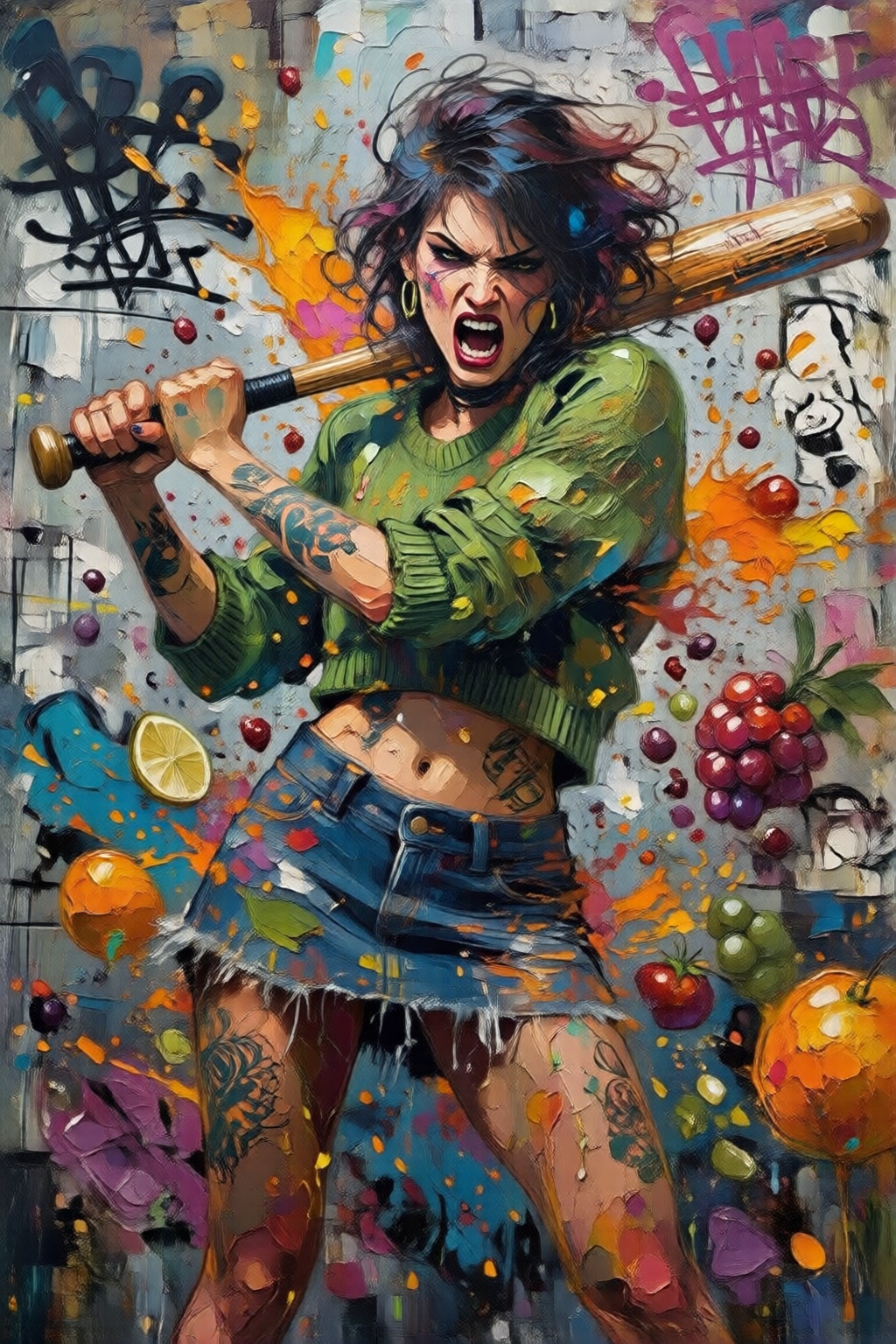 impasto oil painting. full body,  liquid splash,  cartoonish juicy fruits chaos on Tensor.Art