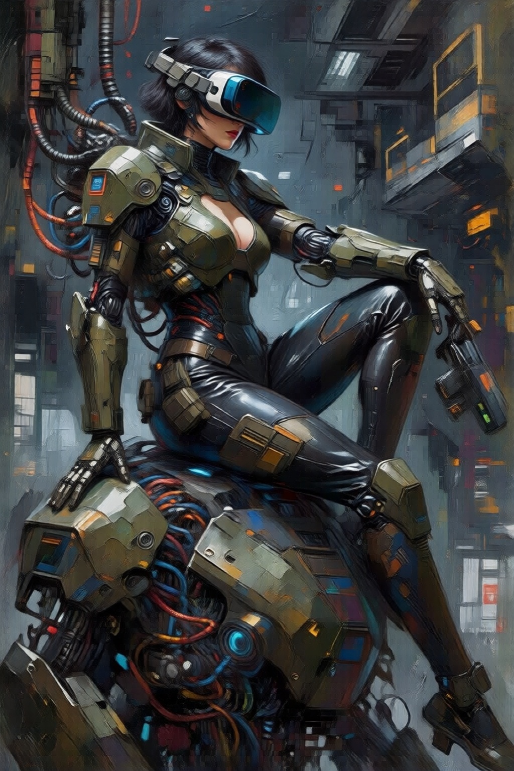 impasto oil painting. A striking,  futuristic scene depicts a woman dressed in sleek,  form-fitting leather attire on Tens...
