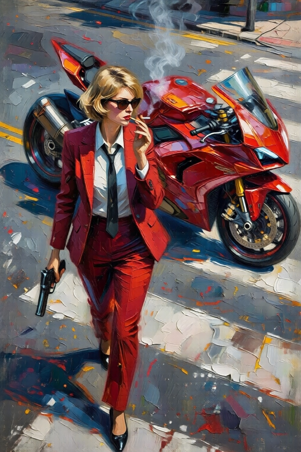 impasto oil painting. Overhead shot of a Blonde woman walking away from a futuristic motorcycle parked at a zebra crossing...