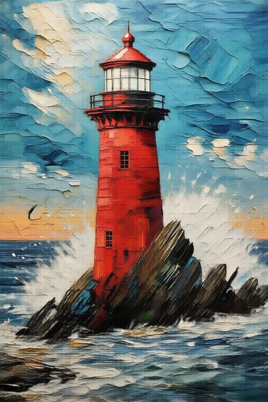 impasto oil painting of a red lighthouse on a small island in the middle of a body of water. The lighthouse is painted in...