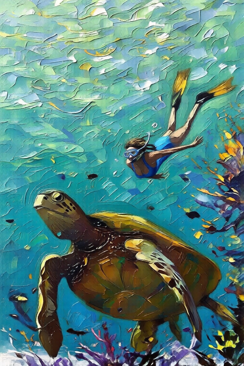 impasto oil painting of a woman swimming underwater. The woman is wearing a blue one piece swimsuit,  and she is wearing g...