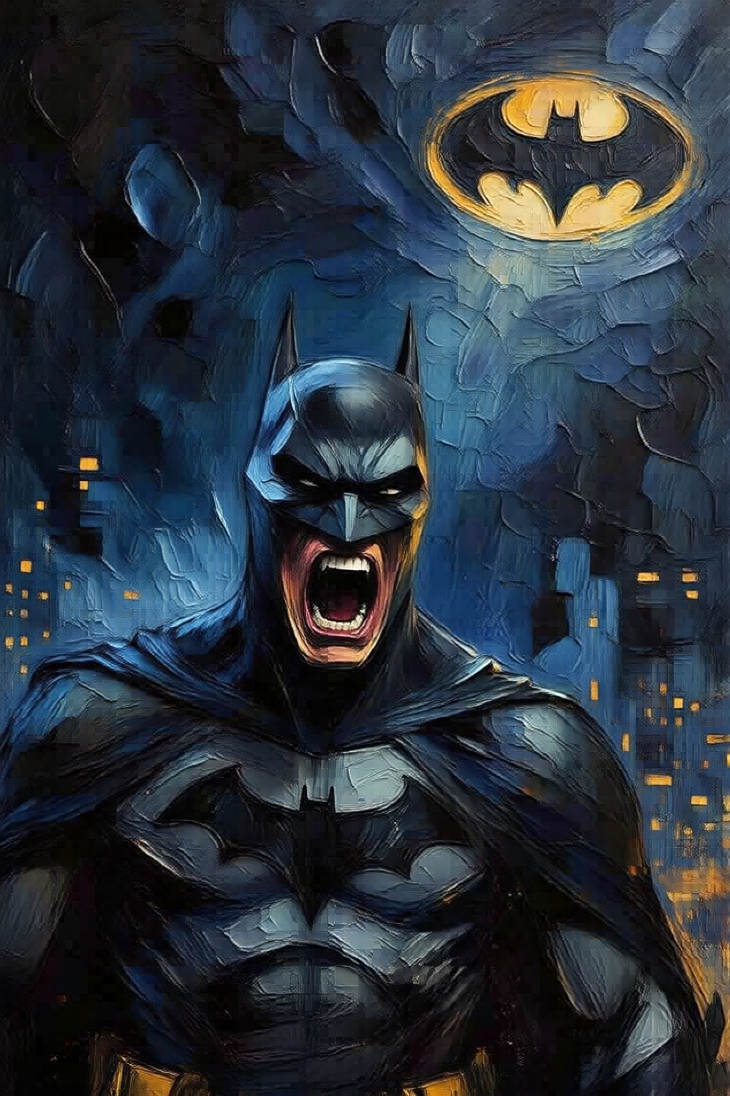 impasto oil painting. Batman shouting angrily. Background is the bat signal on a dark night sky. on Tensor.Art