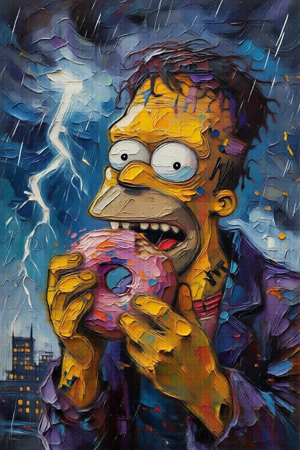 impasto oil painting. Homer Simpson dressed as Frankenstein,  eating a doughnut during a thunderstorm on Tensor.Art
