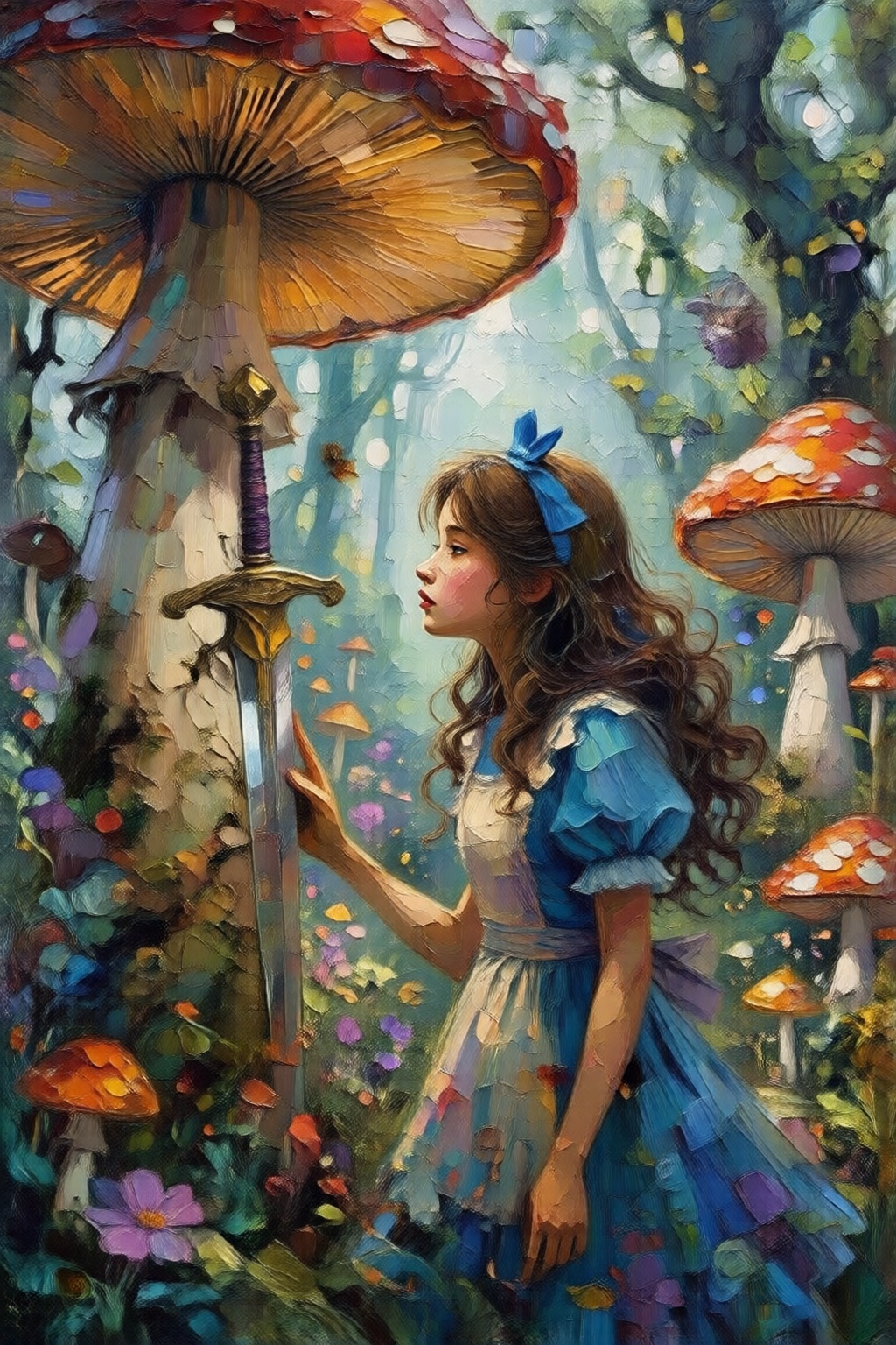 impasto oil painting. A young Japanese woman dressed as Alice in Wonderland. She has long,  wavy hair,  held back by a blu...