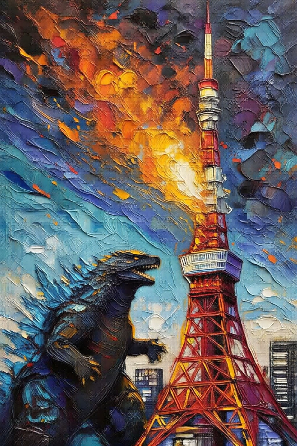 impasto oil painting. Godzilla breathing fire on Tokyo Tower on Tensor.Art