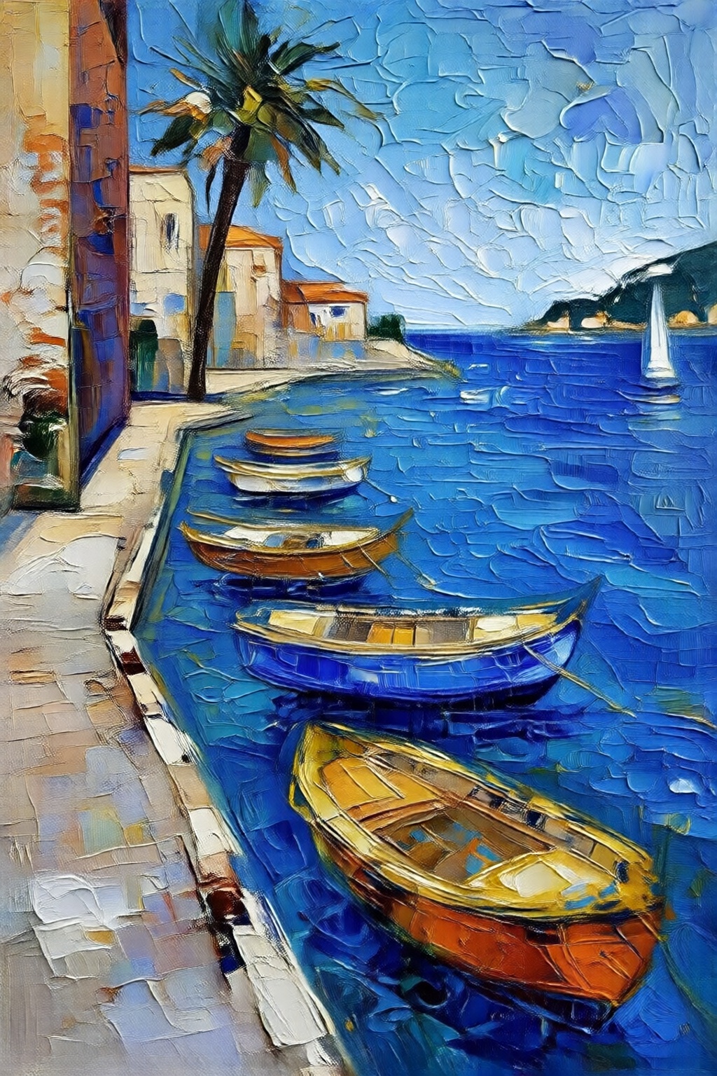 impasto oil painting. a vibrant blue body of water with a row of boats floating on it. The boats are painted in a variety...