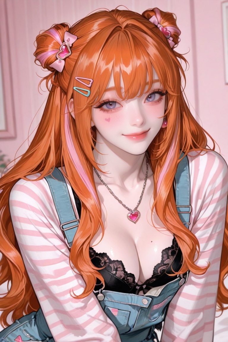 A beautiful girl with long,  wavy orange hair,  wearing pink heart-shaped hair clips on Tensor.Art