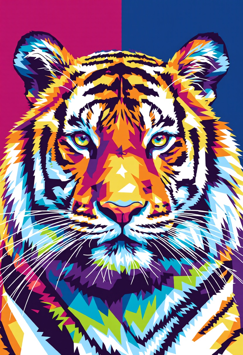 A vibrant WPAP portrait of a tiger's face,  with each stripe and whisker rendered as a separate,  sharp geometric shape in...