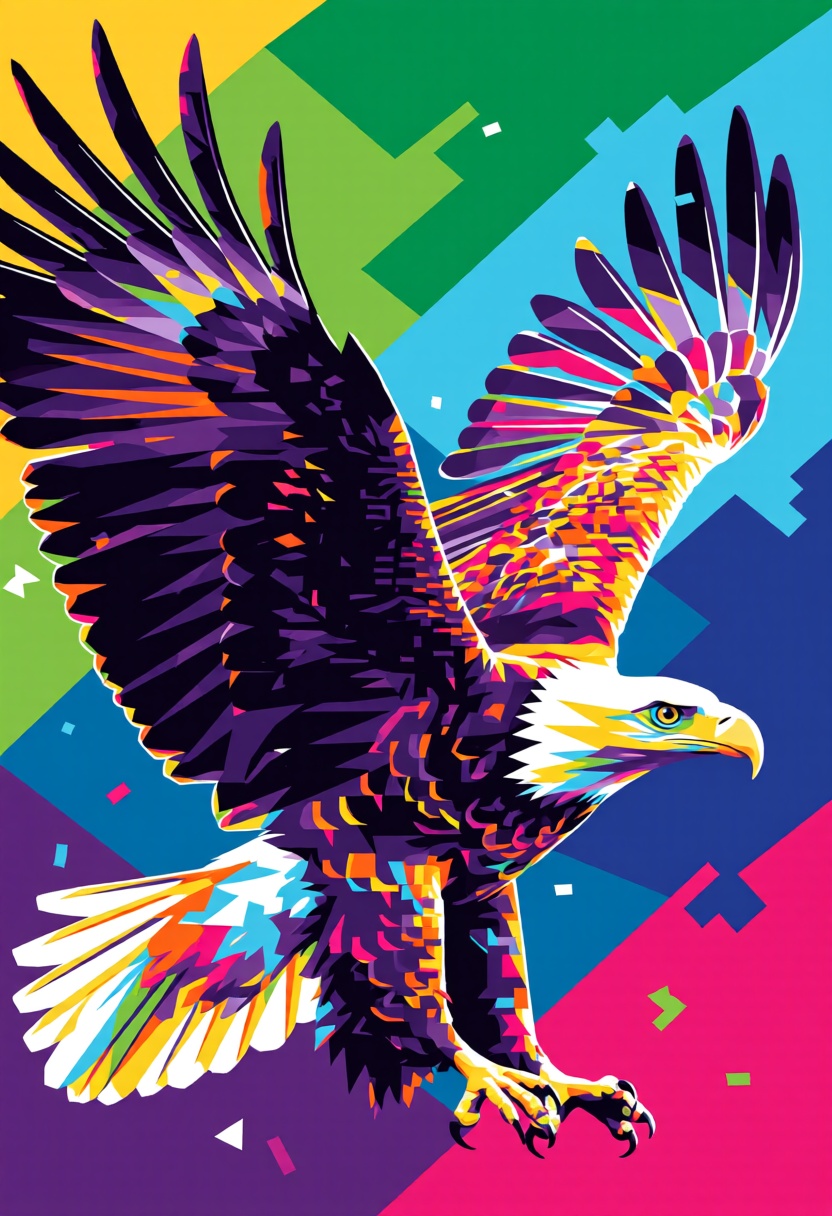 A majestic WPAP image of a soaring eagle,  with its wings and feathers broken down into a complex array of interlocking,...